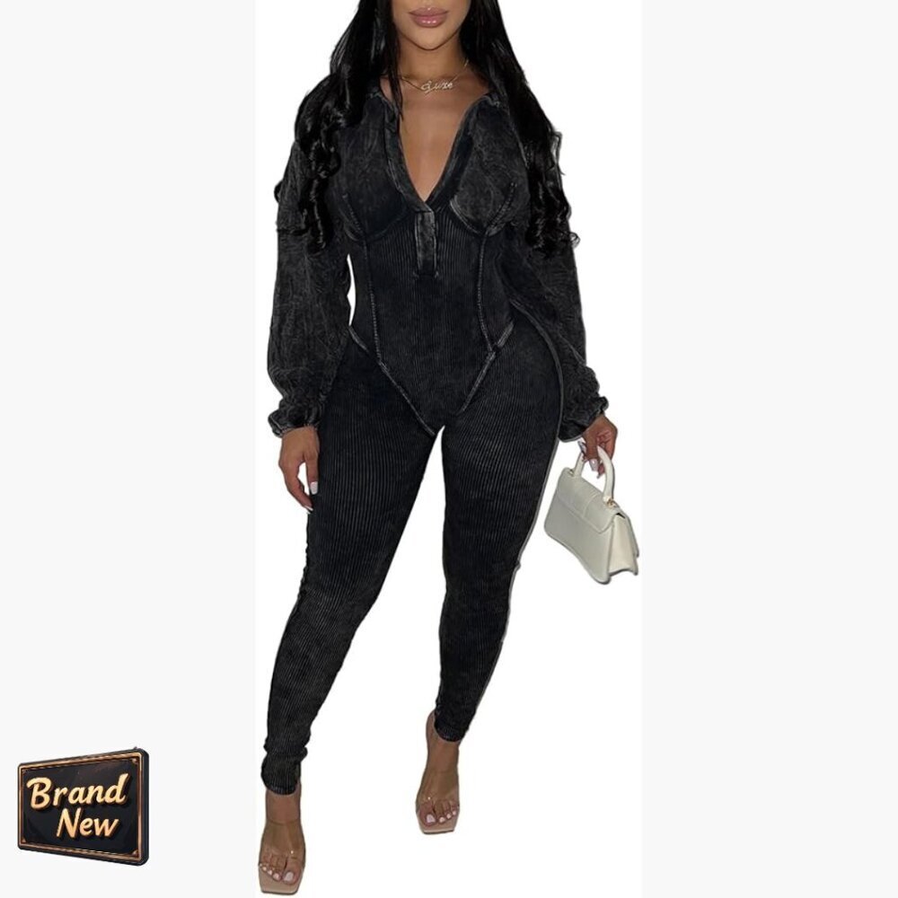 Sexy V-Neck Long Sleeve Ribbed Bodycon Jumpsuit Romper Club Outfit